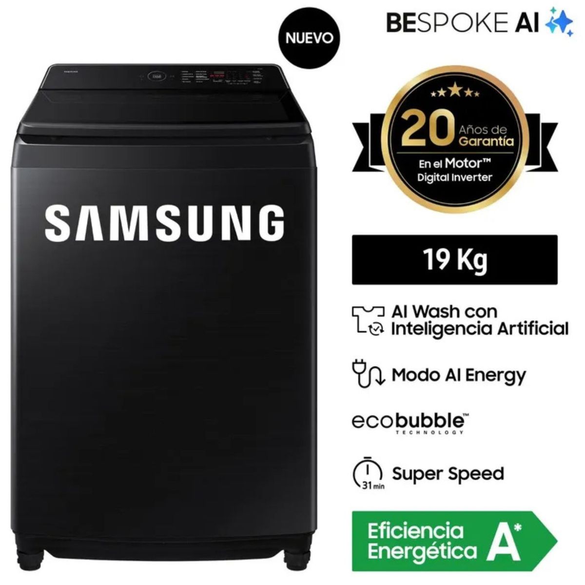SAMSUNG - Lavadora SAMSUNG 19KG AI Wash EcoBubble WA80F19S8BPE Negra
