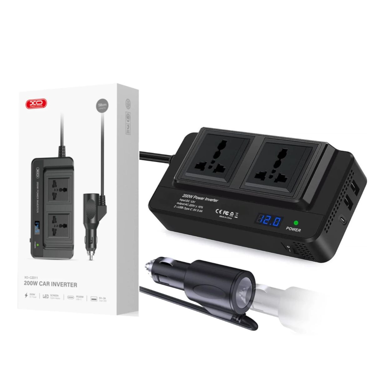 XO - Inversor de Corriente para auto 12V a  Enchufe 220V Cargador