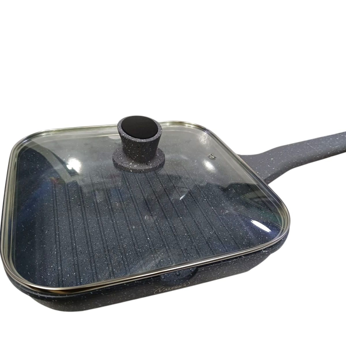 Valeska - Sartén cuadrada 24 cm de roca volcánica gris con tapa de vidrio