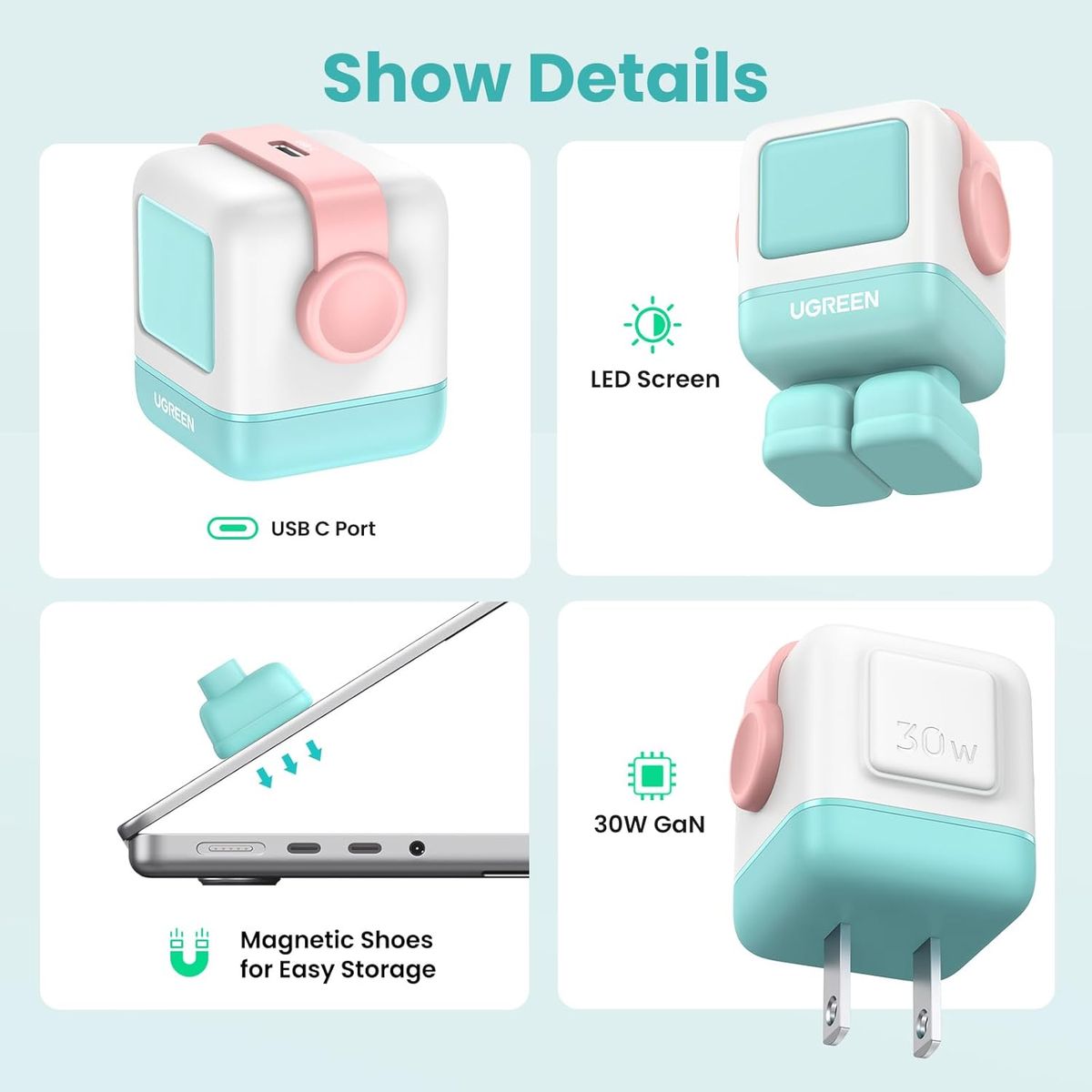 UGREEN - CARGADOR ROBOT UGREEN NEXODE 65W USB-C FAST CHARGER BLANCO