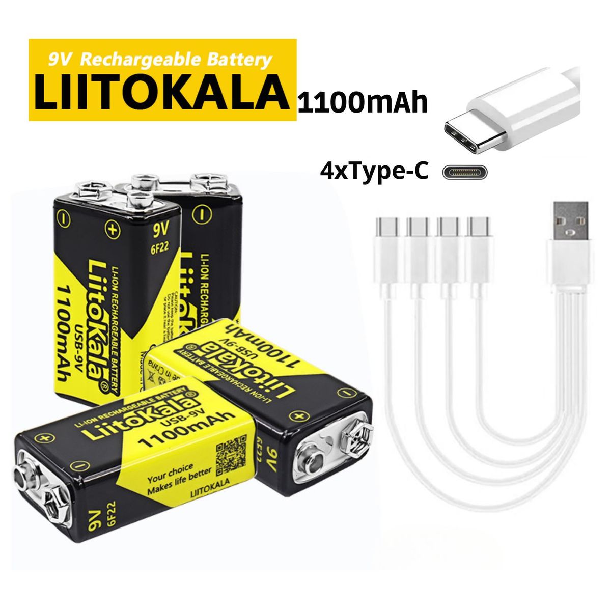 LIITOKALA - Pila Recargable 9V LiitoKala 1100mAh USB Tipo C X4 Unidades