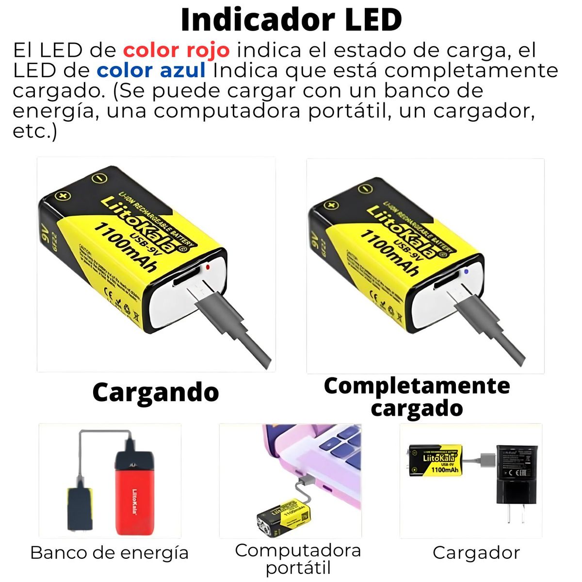 LIITOKALA - Pila Recargable 9V LiitoKala 1100mAh USB Tipo C X4 Unidades