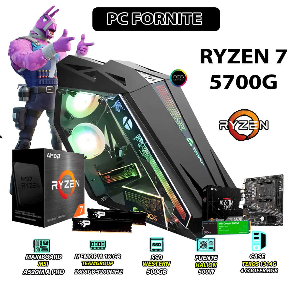 AMD - Computadora PC Ryzen 7 5700G RAM 16GB SSD 500GB CON GRAFICOS AMD RADEON