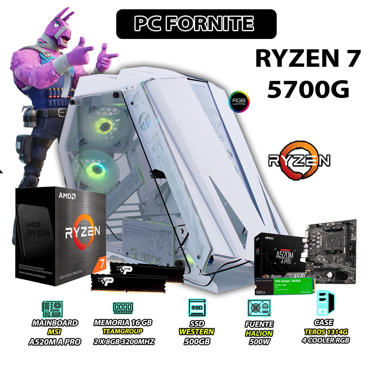 AMD - Computadora PC Ryzen 7 5700G RAM 16GB DISCO 500GB SSD CON GRAFICOS AMD RADEON