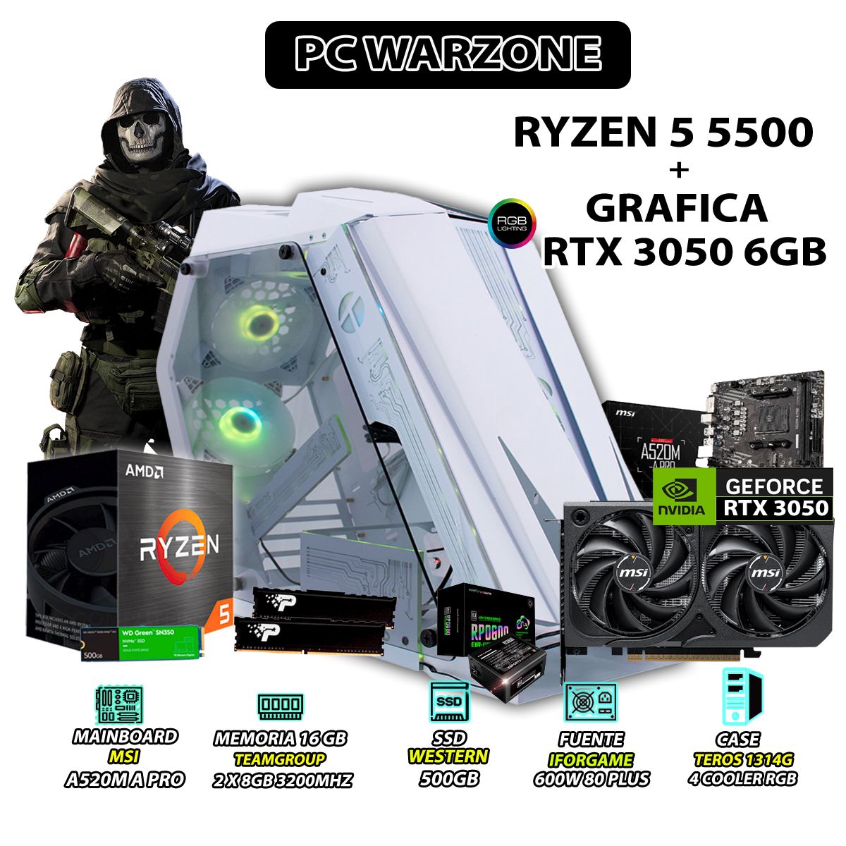 AMD - Computadora PC GAMER Ryzen 5 5500 RAM 16GB DISCO SSD 500GB GRAFICA RTX 3050 6GB