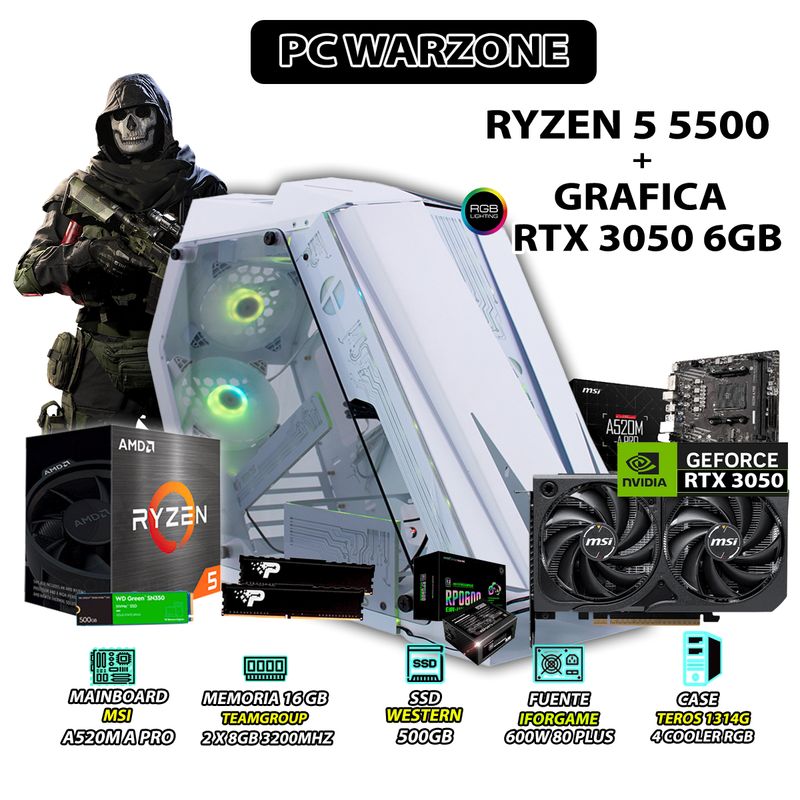 AMD - Computadora PC GAMER Ryzen 5 5500 RAM 16GB DISCO SSD 500GB GRAFICA RTX 3050 6GB