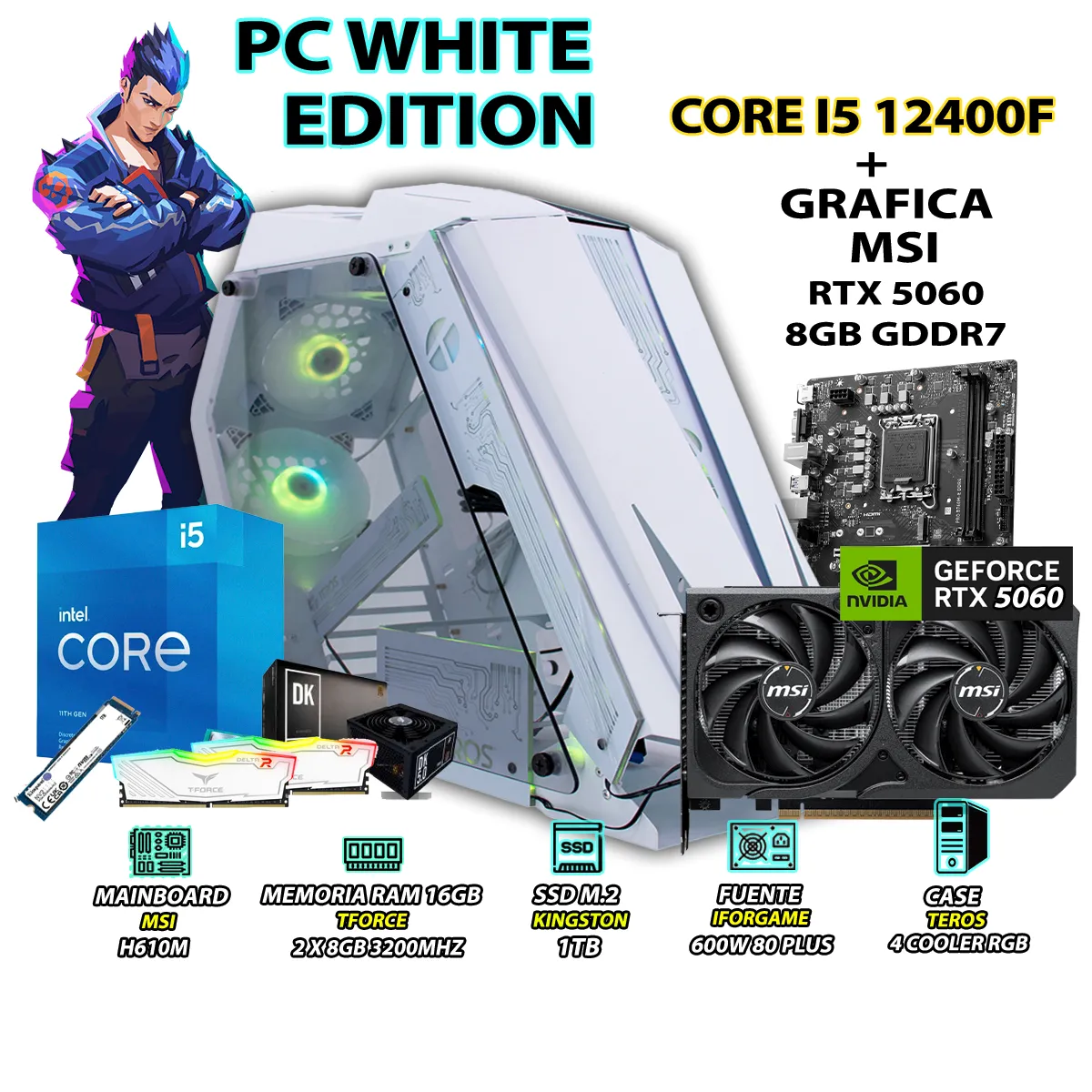 INTEL - Computadora PC Gamer Intel Core i5 12400F RAM 16GB SSD 1TB RTX 5060 8GB