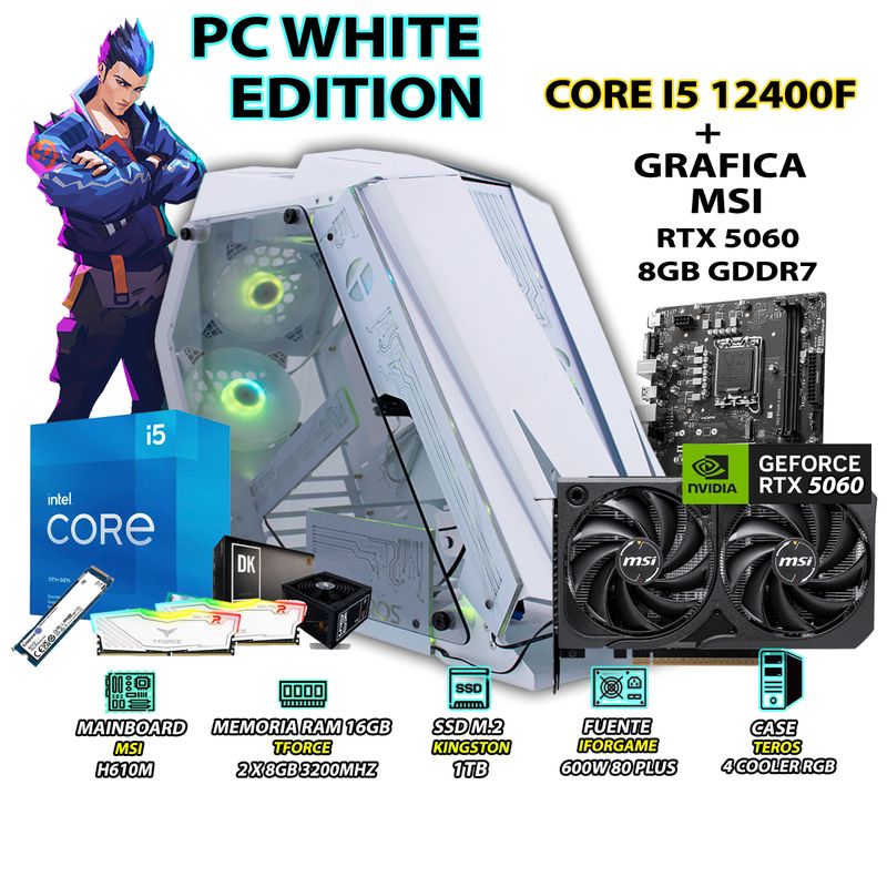 INTEL - Computadora PC Gamer Intel Core i5 12400F RAM 16GB SSD 1TB RTX 5060 8GB