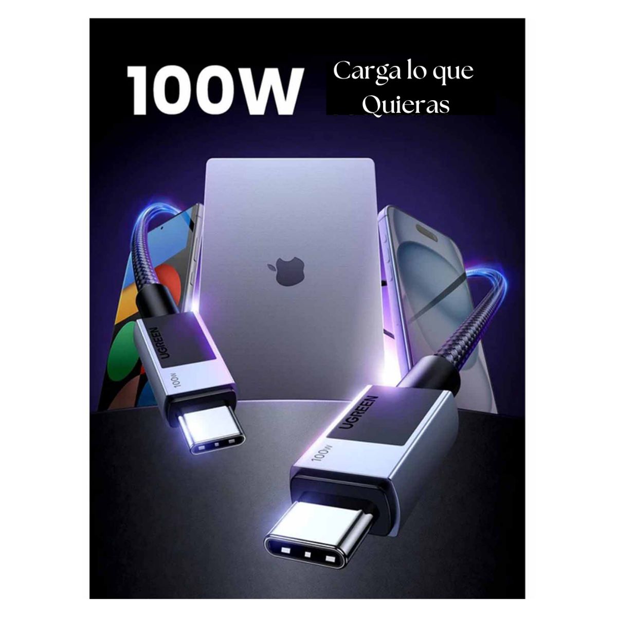 UGREEN - Cable UGREEN Tipo C a Type C Trenzado 100W Carga Rápida Comparte Datos 480 Mbps 3 Metros