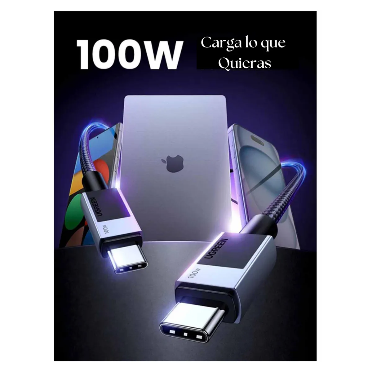 UGREEN - Cable UGREEN Tipo C a Type C Trenzado 100W Carga Rápida Comparte Datos 480 Mbps 3 Metros