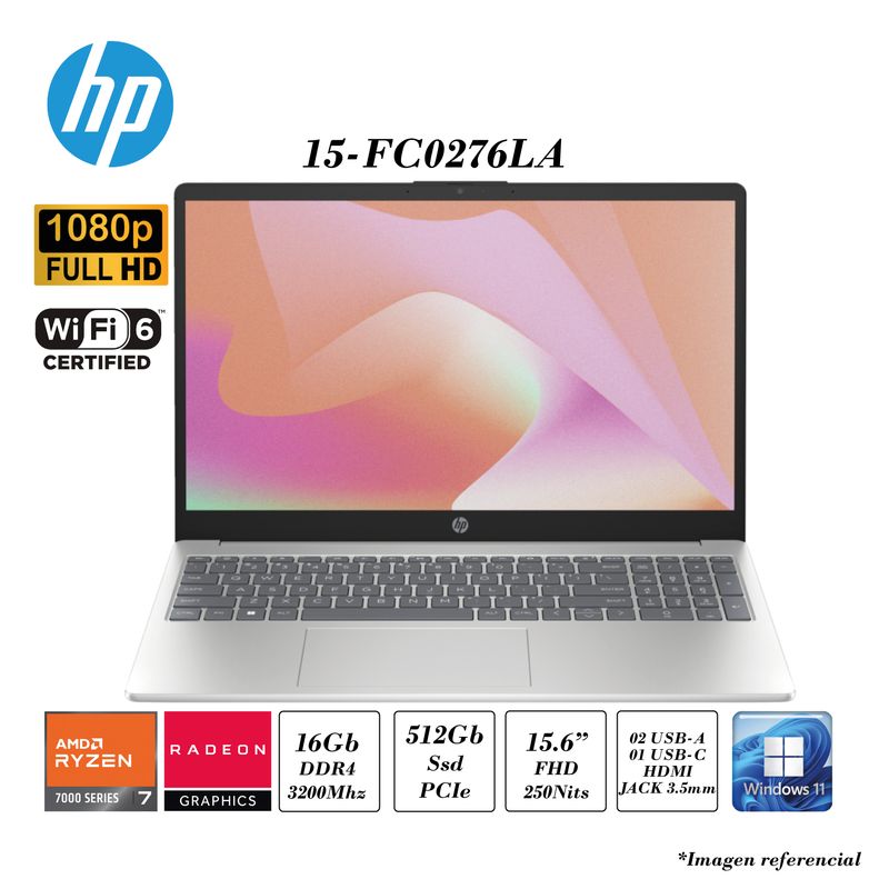 HP - LAPTOP HP 15-FC0276LA RYZEN 7-7730U 16GB RAM 1TB SSD AMD RADEON 15.6 FHD 3CELL WIN 11 SILVER