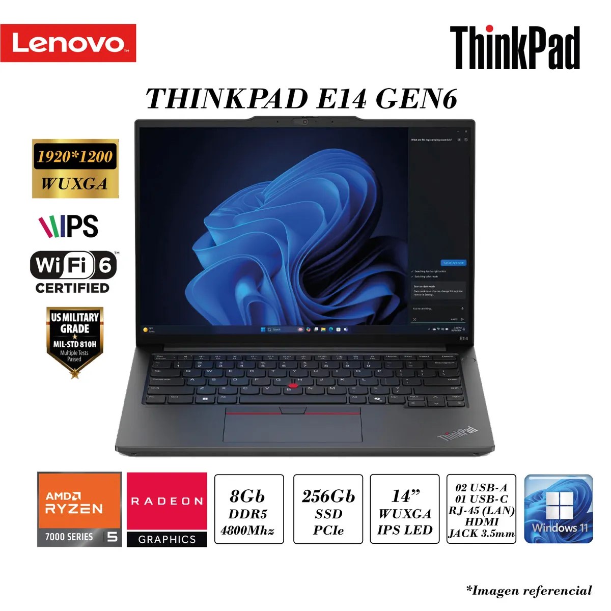 LENOVO - LAPTOP LENOVO THINKPAD E14 GEN 6 RYZEN 5-7535U 8GB DDR5 256GB SSD 14" WUXGA WIN11 HOME