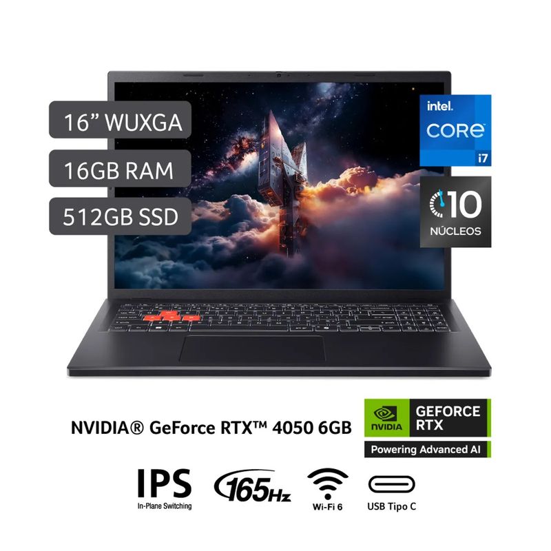 ACER - LAPTOP GAMER ACER NL16-71G-75KS RTX 4050 INTEL CORE I7-13620H 16GB 512SSD 16" WUXGA WINDOWS 11 H