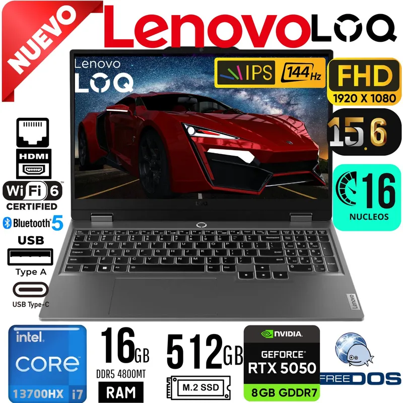 LENOVO - LAPTOP GAMING LENOVO LOQ 15IRX10 15 6" FHD IPS 144Hz CORE i7 13700HX RAM 16GB SSD 512GB RTX 5050 8GB