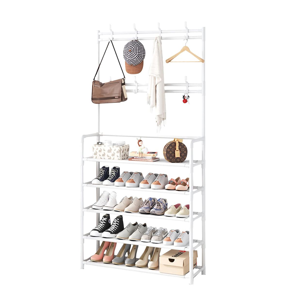 GENERICO - Estante zapatero perchero de 5 niveles metal+ pvc blanco