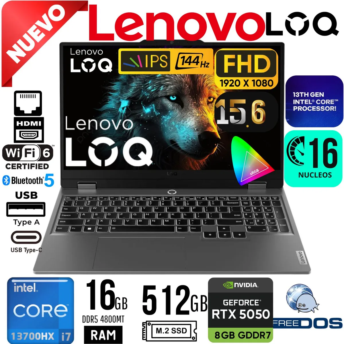 HP - LAPTOP GAMING LENOVO LOQ 15IRX10 156" FHD IPS 144Hz CORE i7 13700HX RAM 16GB SSD 512GB RTX 5050 8GB