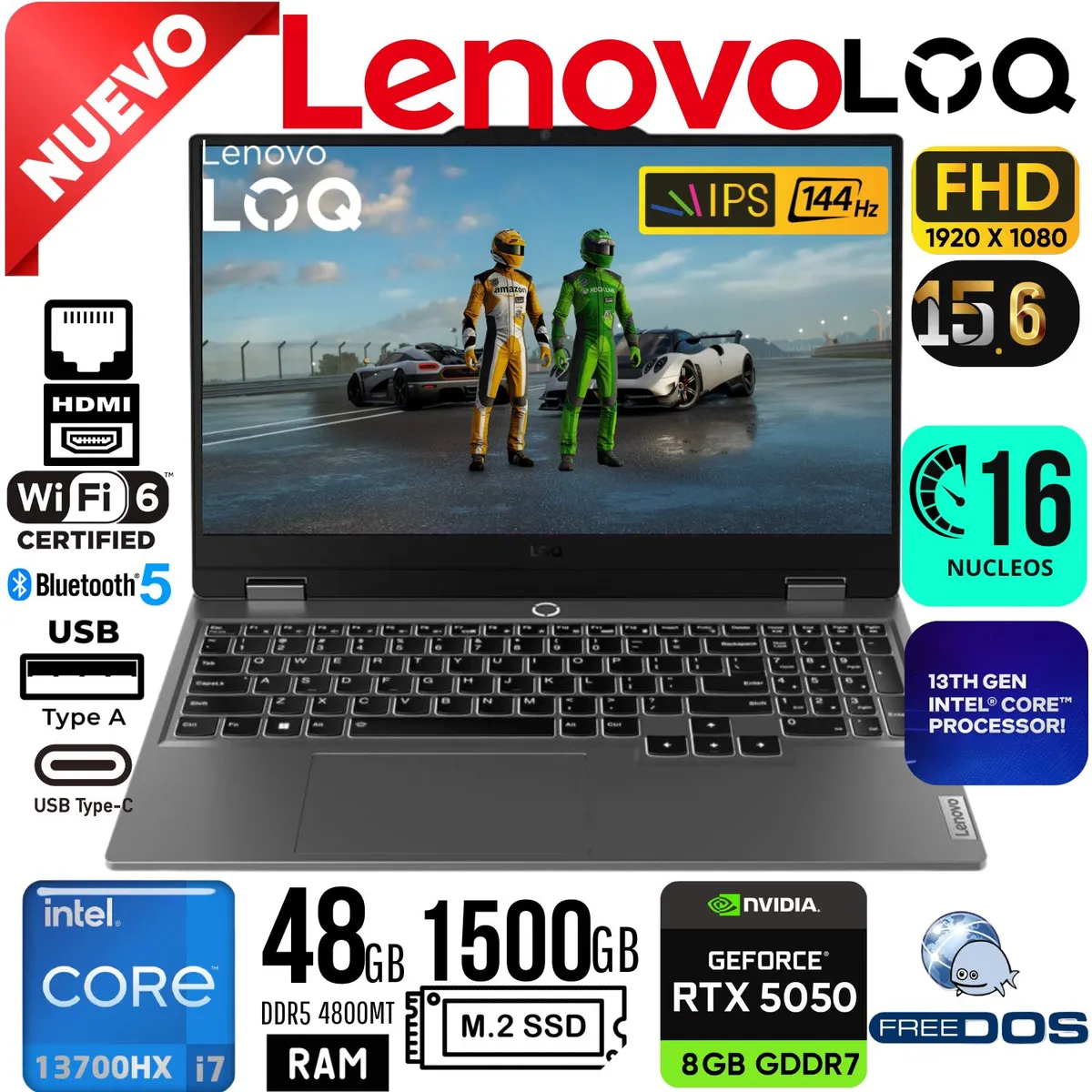 LENOVO - LAPTOP GAMING LENOVO LOQ 15IRX10 15.6" FHD IPS 144Hz  i7 13700HX RAM 48GB SSD 1500GB RTX 5050 8GB