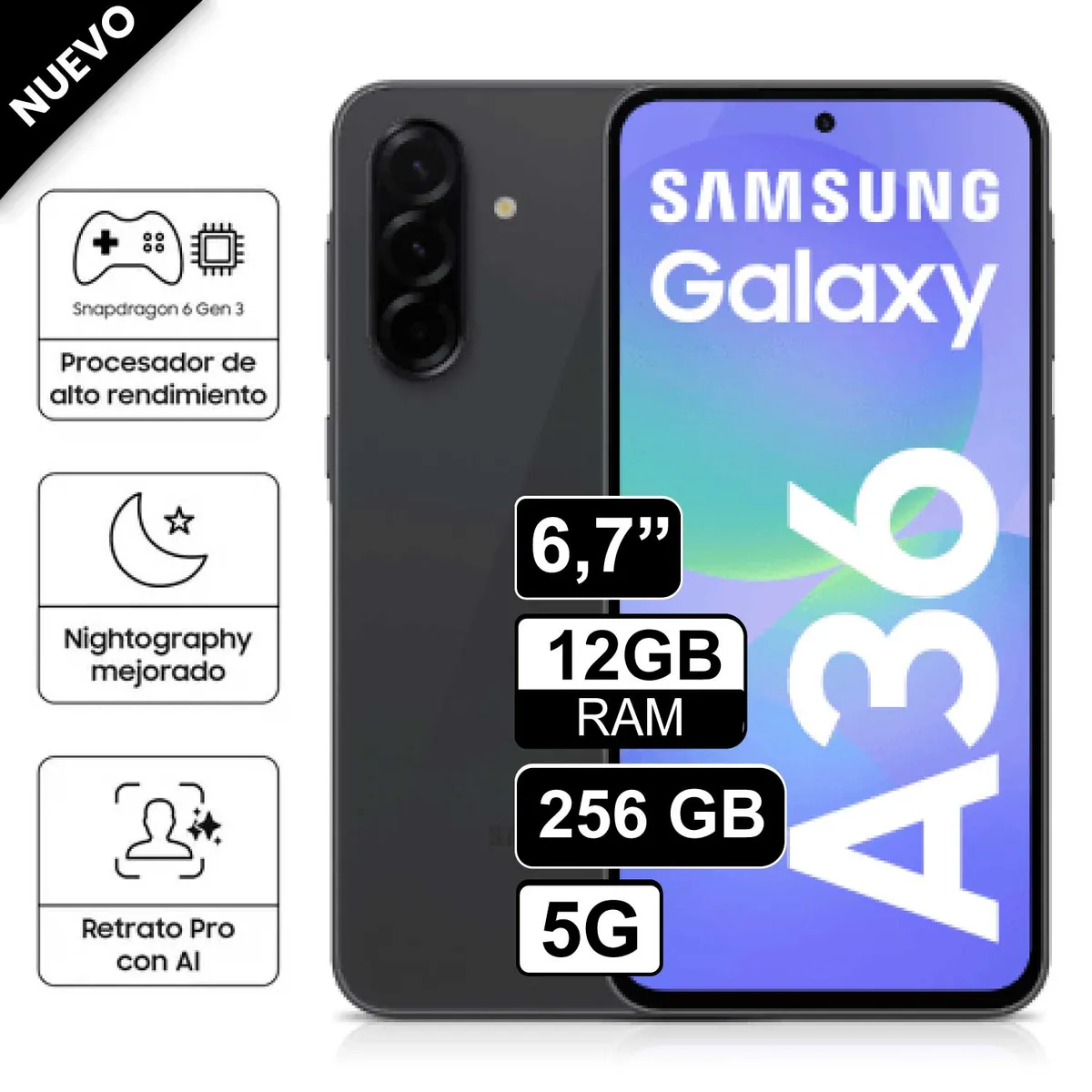 SAMSUNG - Celular Libre Samsung Galaxy A36 67 256GB12GB RAM Negro