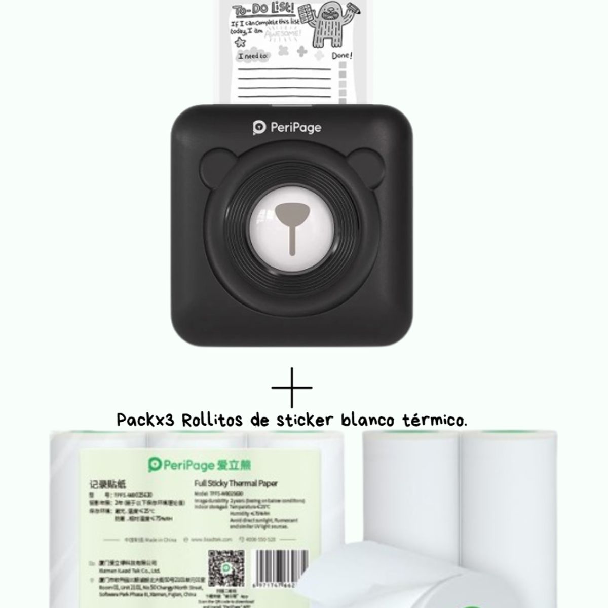 PERIPAGE - PERIPAGE A6 MINI IMPRESORA TERMICA 203DPI + 3 ROLLOS STICKER BLANCO