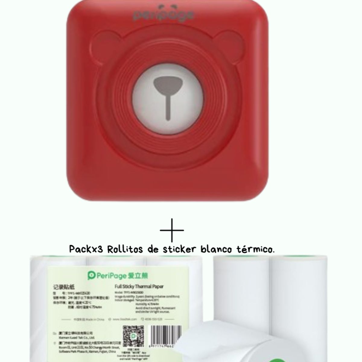PERIPAGE - PERIPAGE A6 MINI IMPRESORA TERMICA 203DPI + 3 ROLLOS STICKER BLANCO