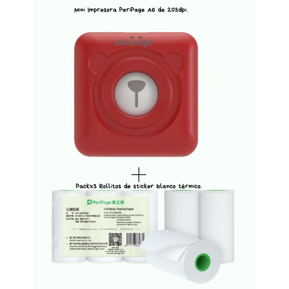 PERIPAGE - PERIPAGE A6 MINI IMPRESORA TERMICA 203DPI + 3 ROLLOS STICKER BLANCO
