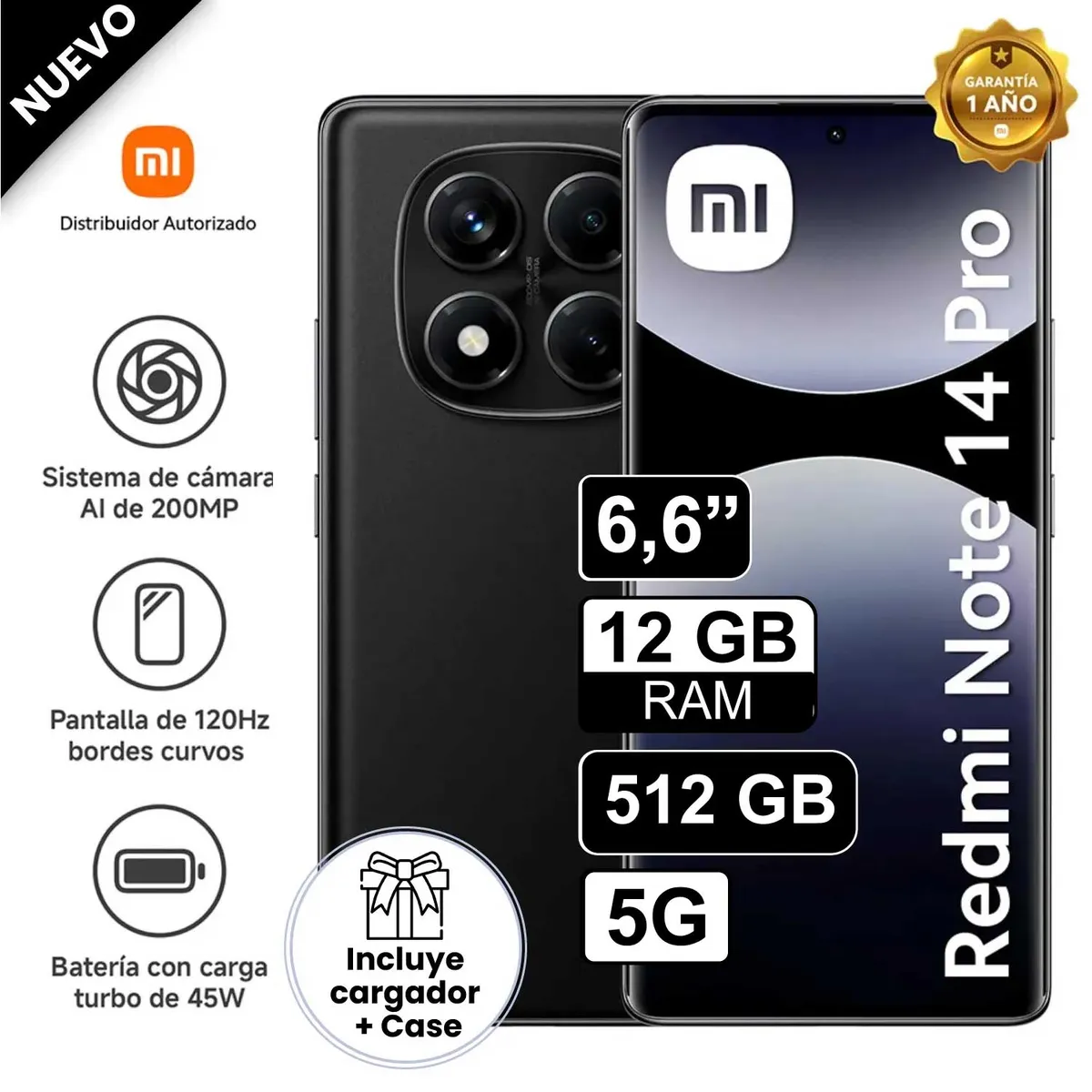 REDMI - Celular Libre Xiaomi Redmi Note 14 PRO 5G 6.6" Pulg 512GB 12GB Negro