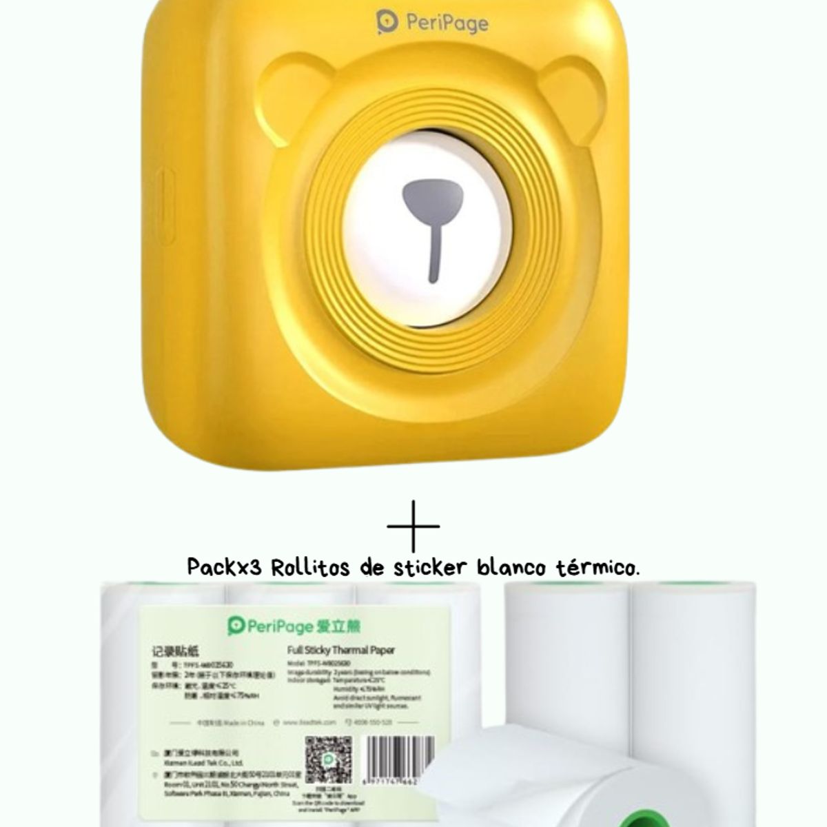 PERIPAGE - PERIPAGE A6 MINI IMPRESORA TERMICA 203DPI + 3 ROLLOS STICKER BLANCO