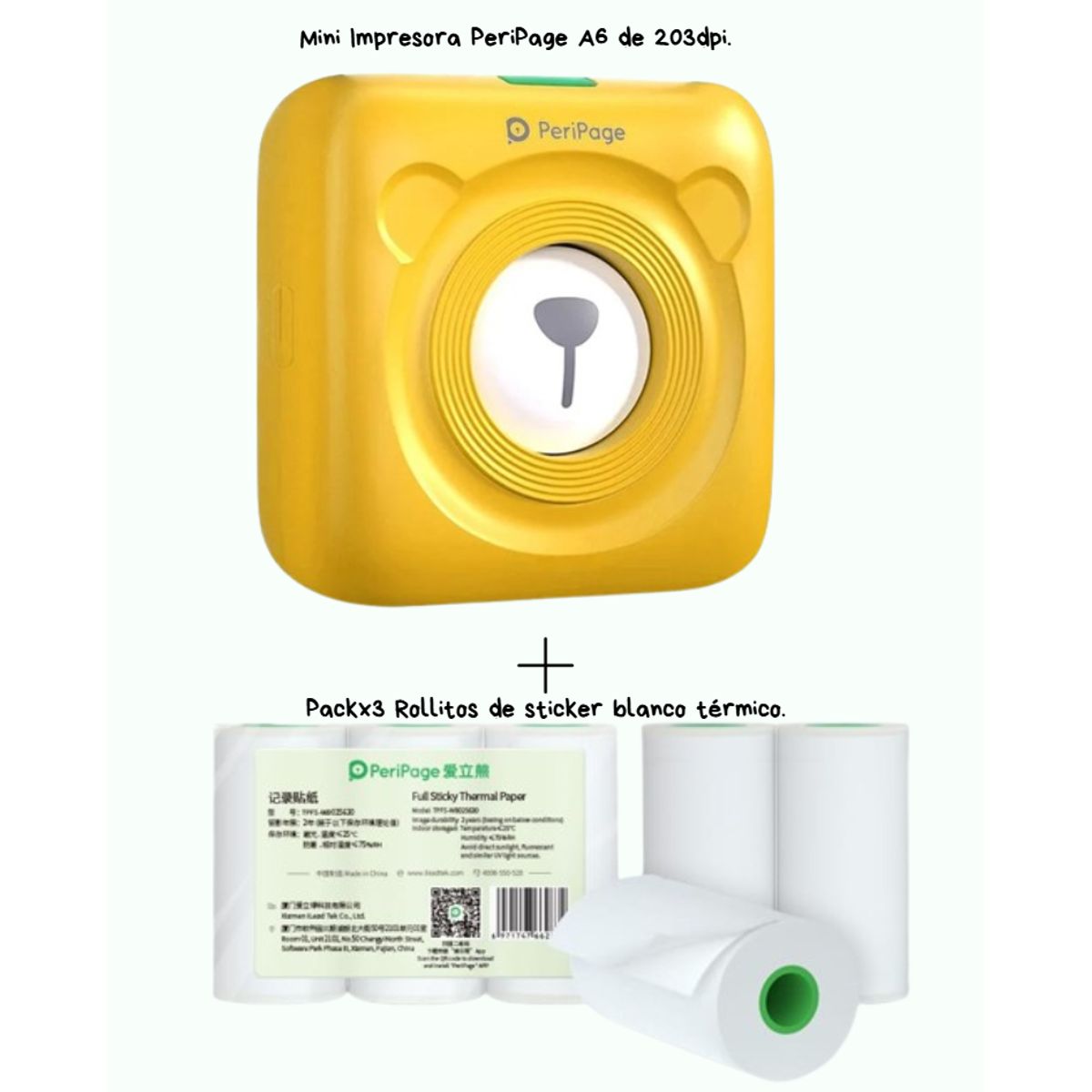 PERIPAGE - PERIPAGE A6 MINI IMPRESORA TERMICA 203DPI + 3 ROLLOS STICKER BLANCO
