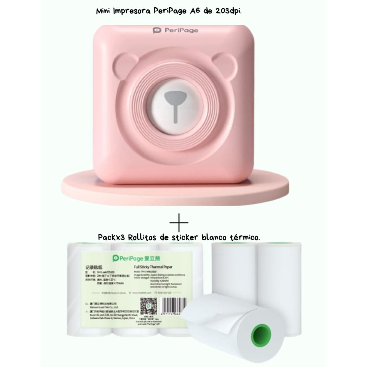 PERIPAGE - PERIPAGE A6 MINI IMPRESORA TERMICA 203DPI + 3 ROLLOS STICKER BLANCO