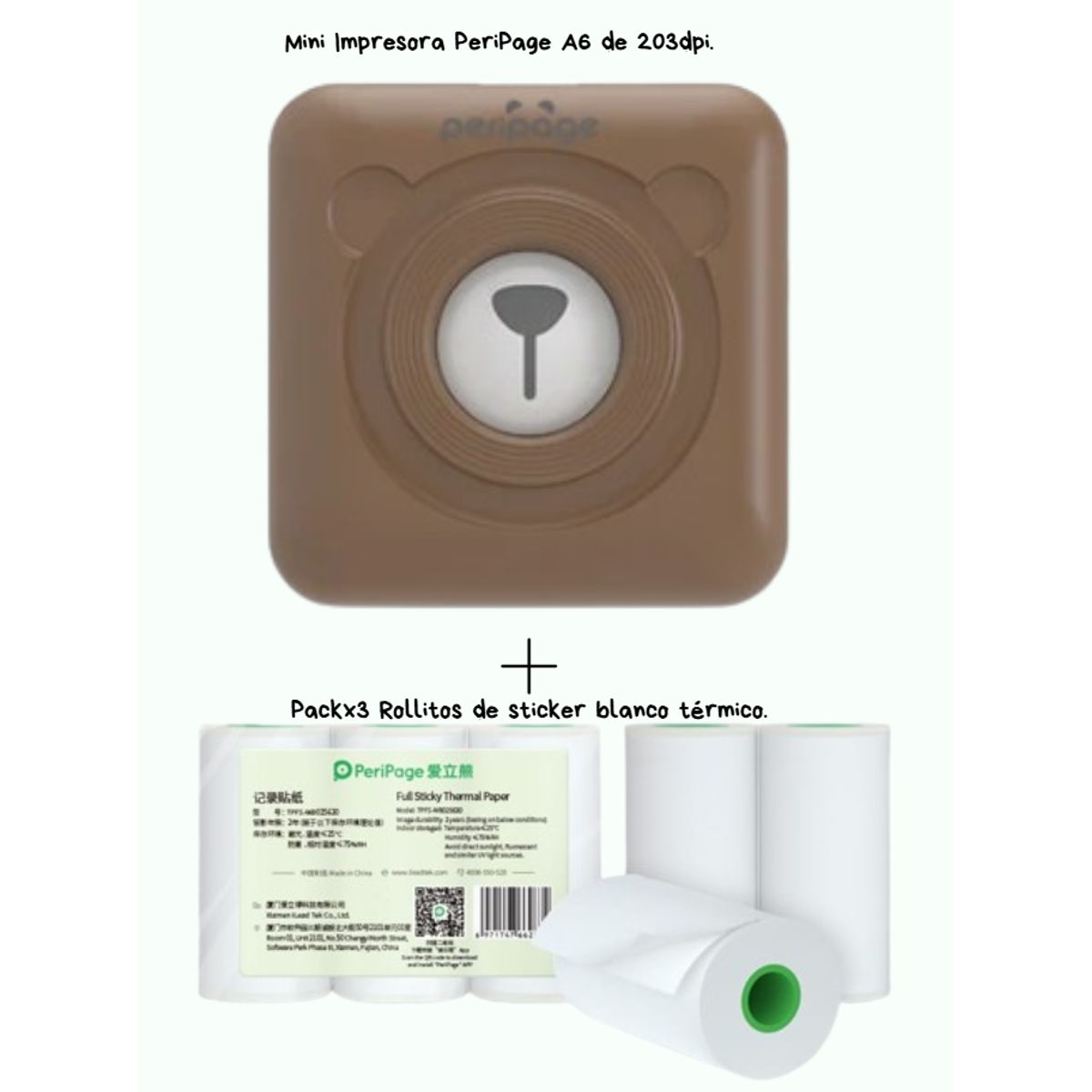 PERIPAGE - PERIPAGE A6 MINI IMPRESORA TERMICA 203DPI + 3 ROLLOS STICKER BLANCO