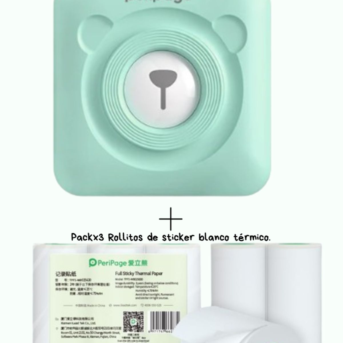 PERIPAGE - PERIPAGE A6 MINI IMPRESORA TERMICA 203DPI + 3 ROLLOS STICKER BLANCO