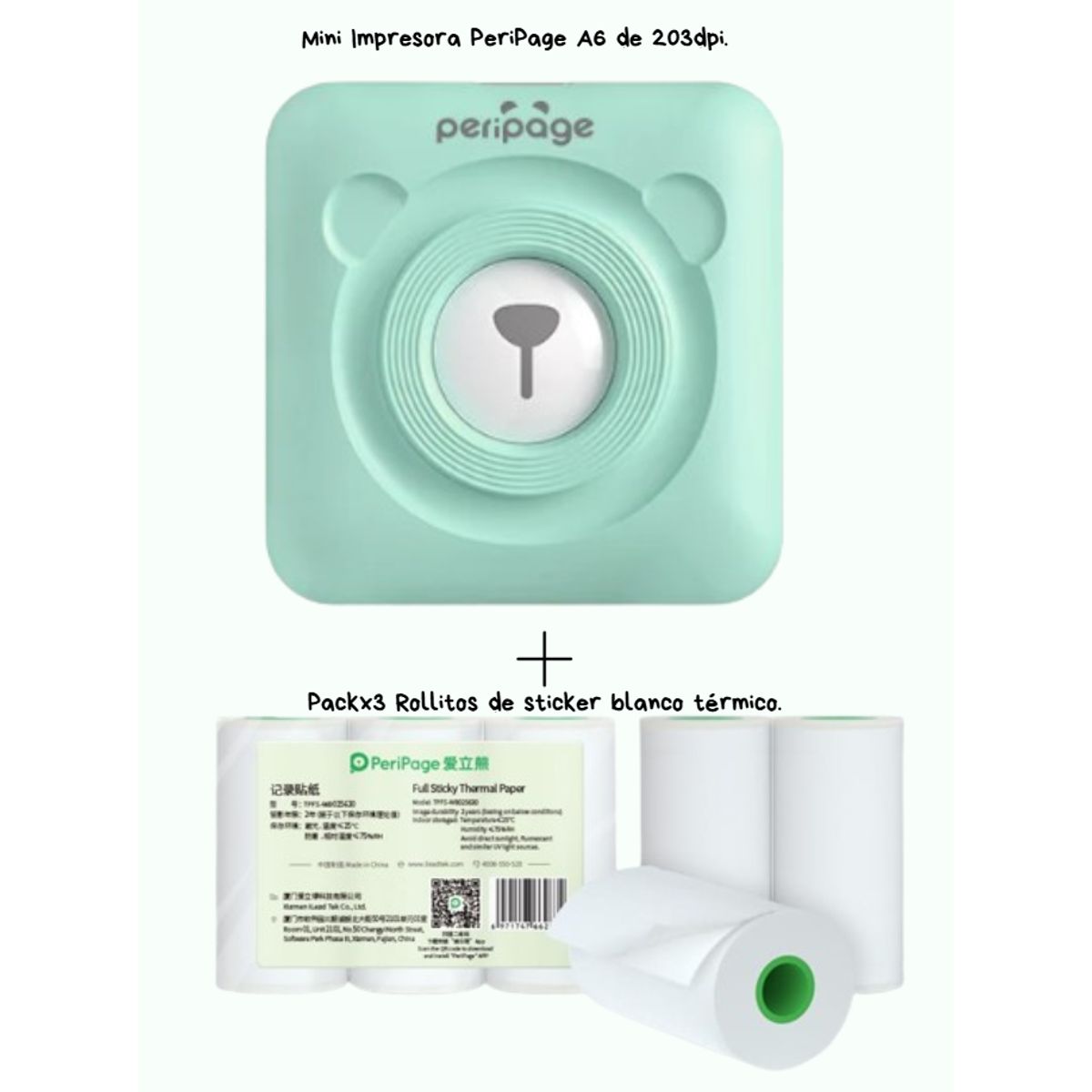 PERIPAGE - PERIPAGE A6 MINI IMPRESORA TERMICA 203DPI + 3 ROLLOS STICKER BLANCO
