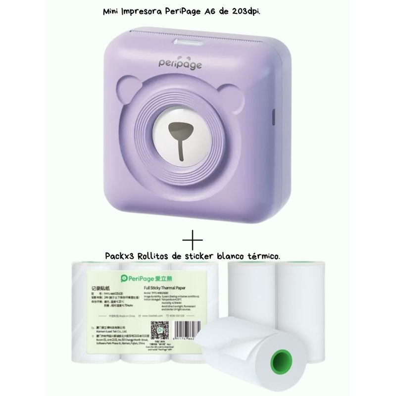 PERIPAGE - PERIPAGE A6 MINI IMPRESORA TERMICA 203DPI + 3 ROLLOS STICKER BLANCO