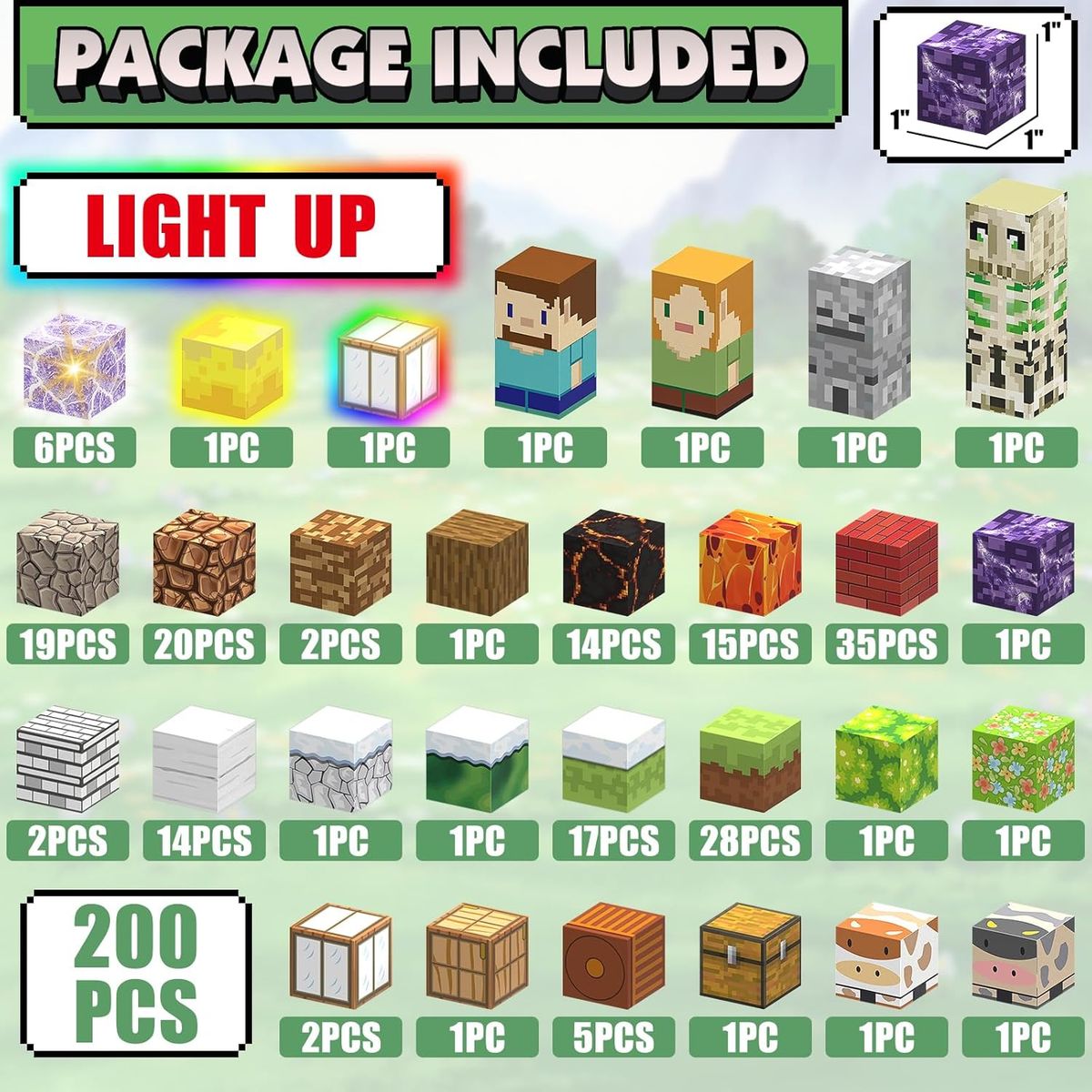 MAGNETI BLOCK - Set Bloques magnéticos Minecraft imanes 200 PIEZAS con Luces