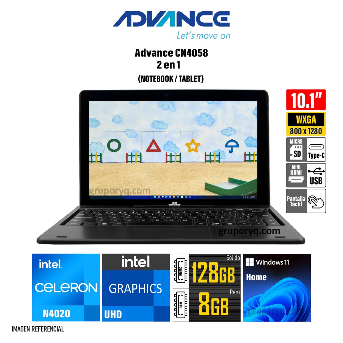 ADVANCE - Notebook 2-en-1 Advance CN4050 Intel Celeron N4020 Pantalla TACTIL 101 WXGA IPS 8GB 128GB