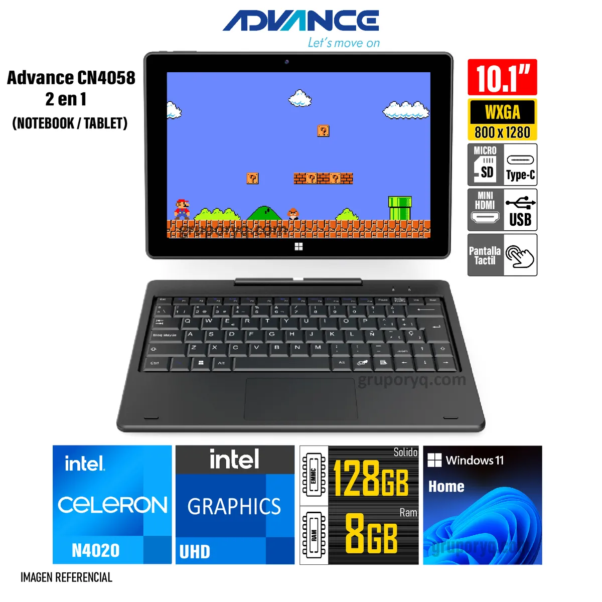 ADVANCE - Notebook 2 en 1 Advance CN4058 Intel Celeron Pantalla TACTIL 10.1" WXGA IPS 8GB 128GB