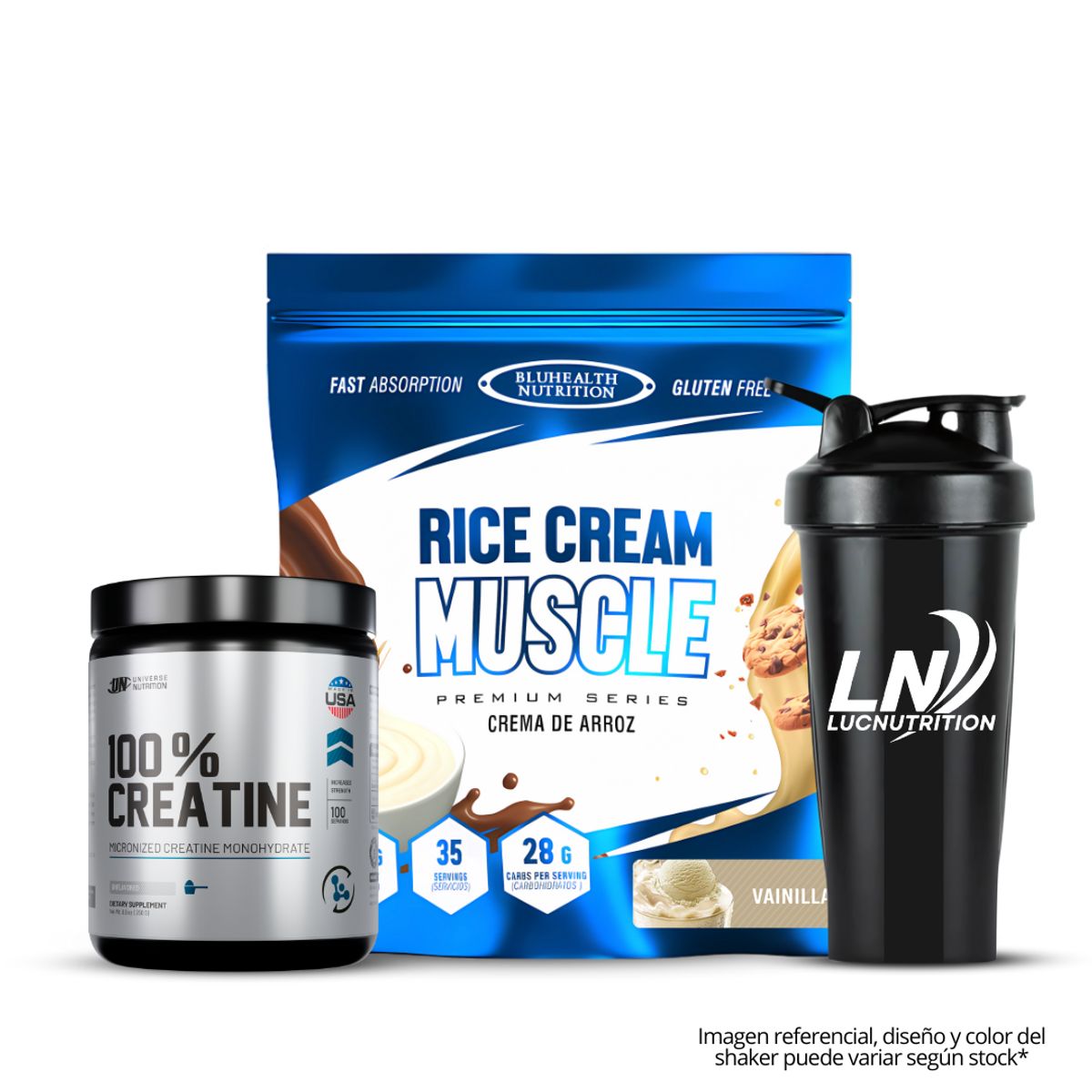 GENERICO - Crema de arroz 1.2 kg Bluhealth Nutrition Vainilla + Creatina Universe nutrition 250 g + shaker