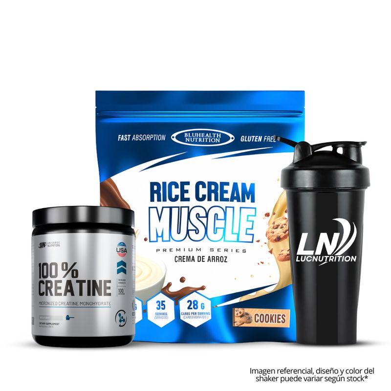 GENERICO - Crema de arroz 1.2 kg Bluhealth Nutrition Cookie and cream + Creatina Universe nutrition 250 g + shaker