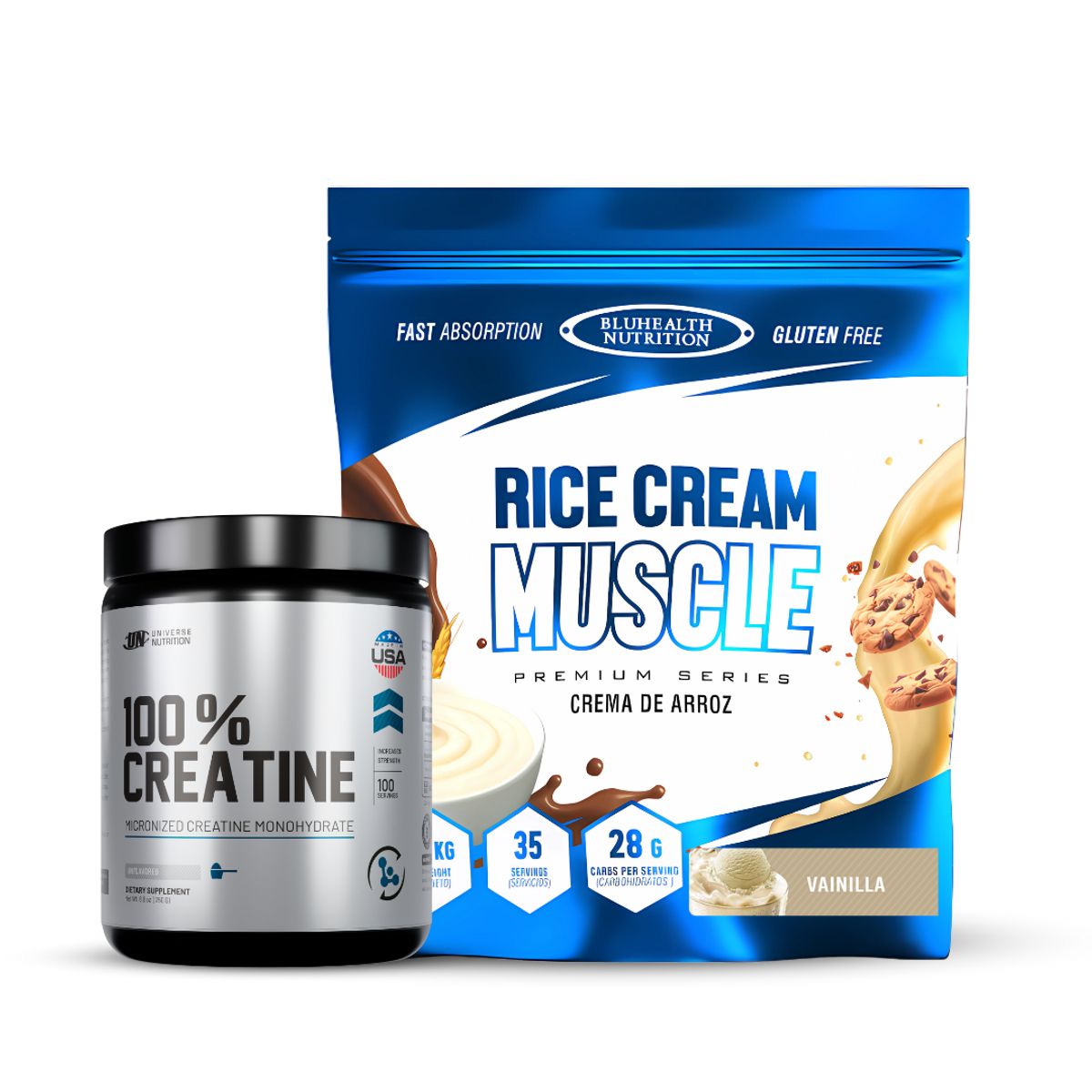 GENERICO - Crema de arroz 1.2 kg Bluhealth Nutrition Vainilla + Creatina Universe nutrition 250 g