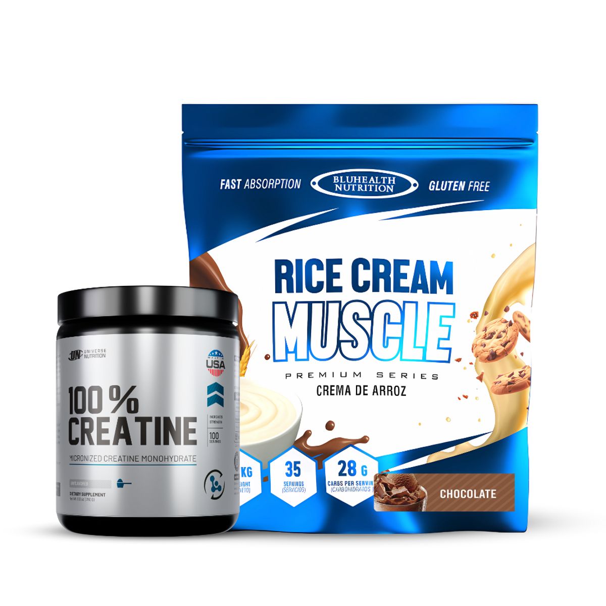 GENERICO - Crema de arroz 1.2 kg Bluhealth Nutrition chocolate+ Creatina Universe nutrition 250 g