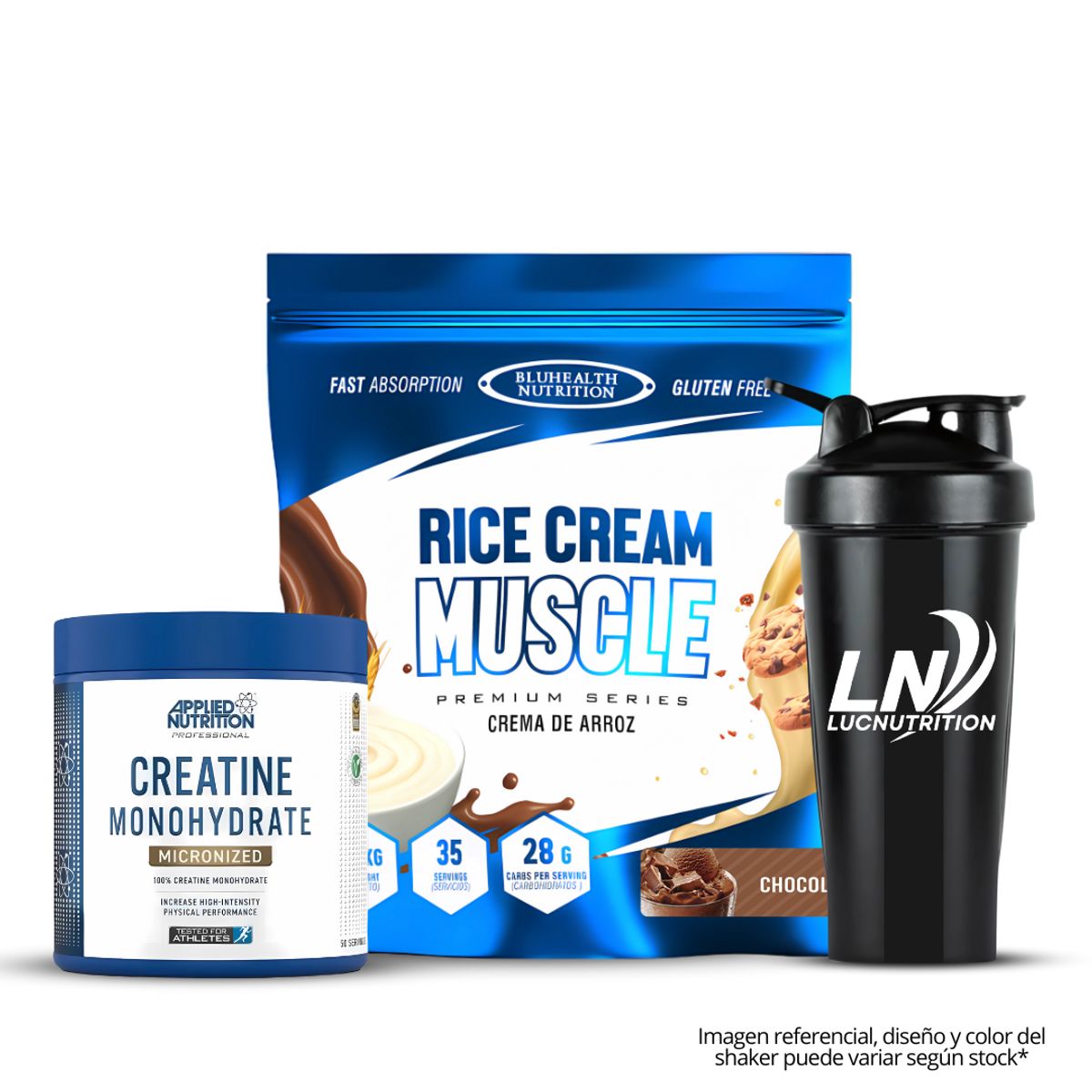 GENERICO - Crema de arroz 1.2 kg Bluhealth Nutrition chocolate+ Creatina applied nutrition 250 g + shaker