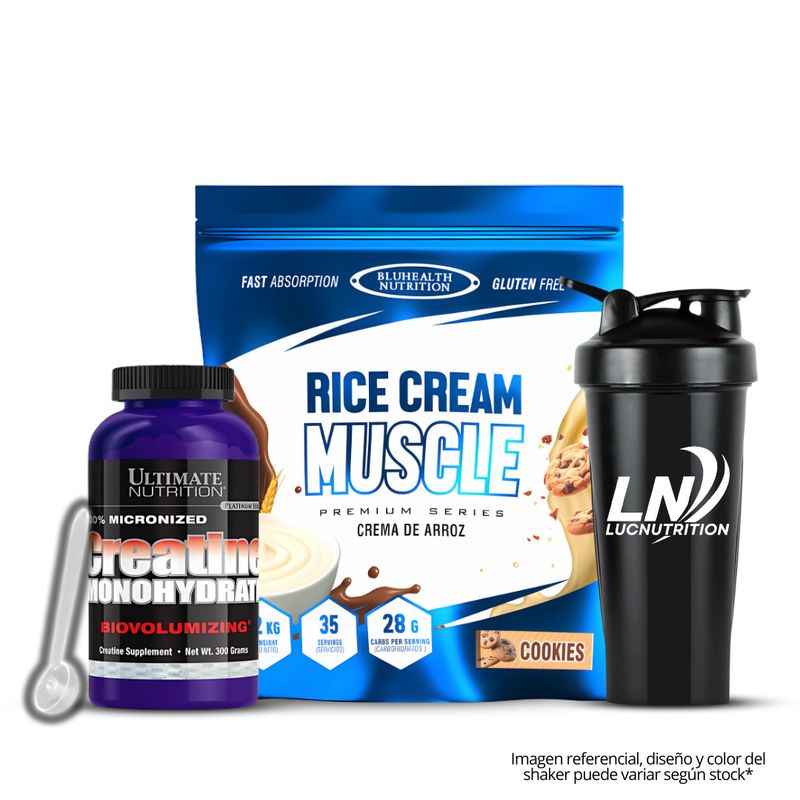 GENERICO - Crema de arroz 1.2 kg Bluhealth Nutrition cookie and cream + Creatina ultimate nutrition 300 g + shaker