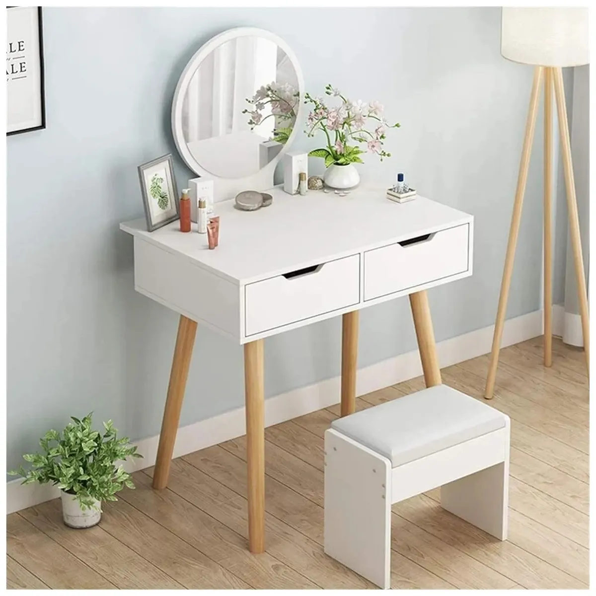 VENTITAS HOME - Tocador + Espejo + Banco Vintage Luna 2 Cajones Ventitas Home Blanco