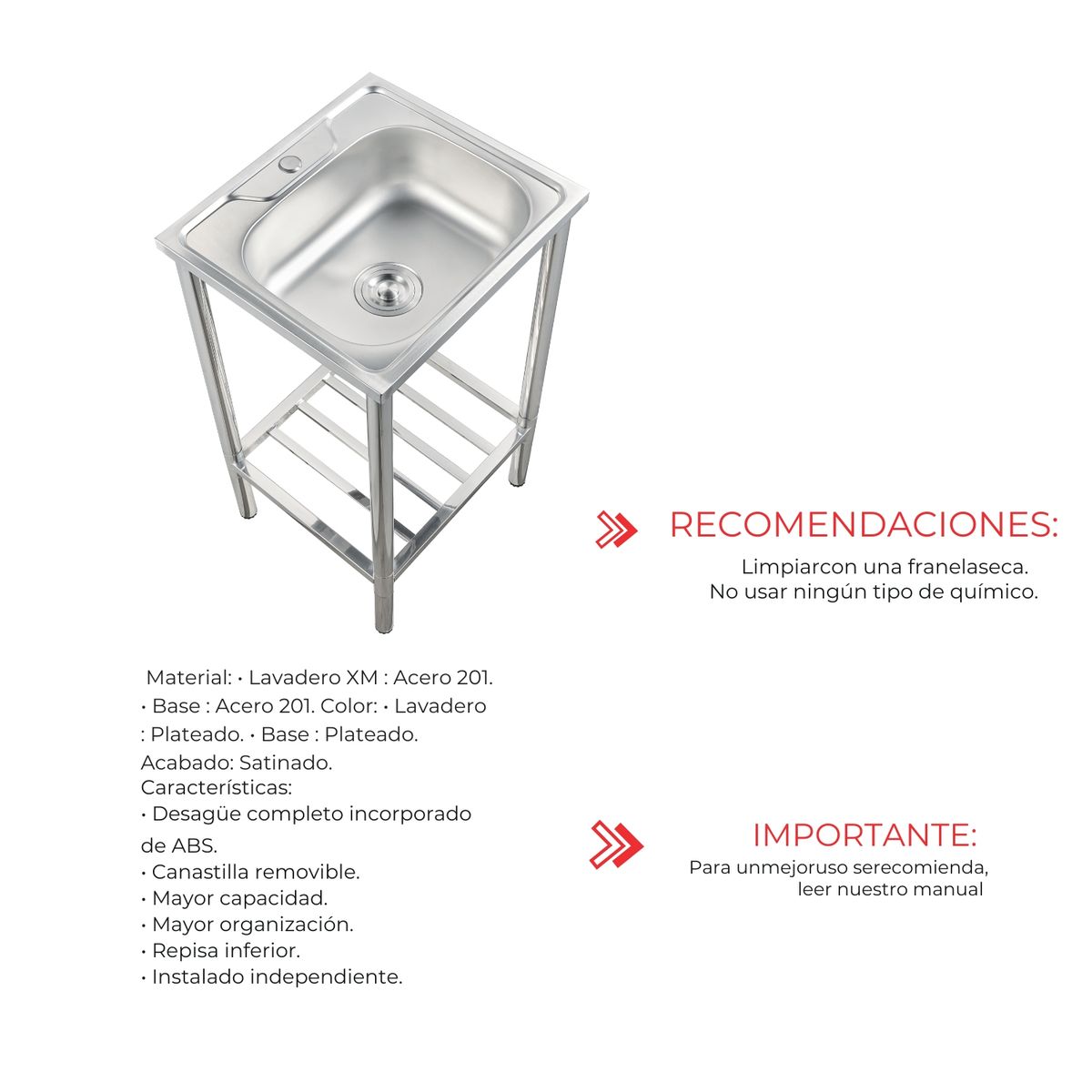GENERICO - Lavadero de Cocina 1 Poza con soporte Acero Inoxidable