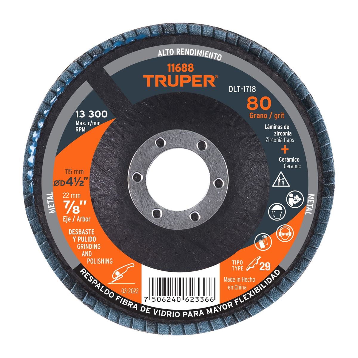 TRUPER - Disco 4 1/2" Grano 80 Polifan Flap Lija Alto Rendimiento 11688 Truper