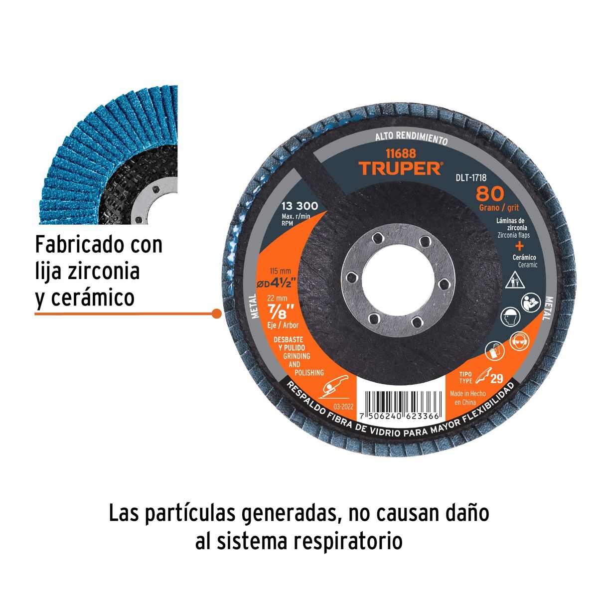 TRUPER - Disco 4 1/2" Grano 80 Polifan Flap Lija Alto Rendimiento 11688 Truper