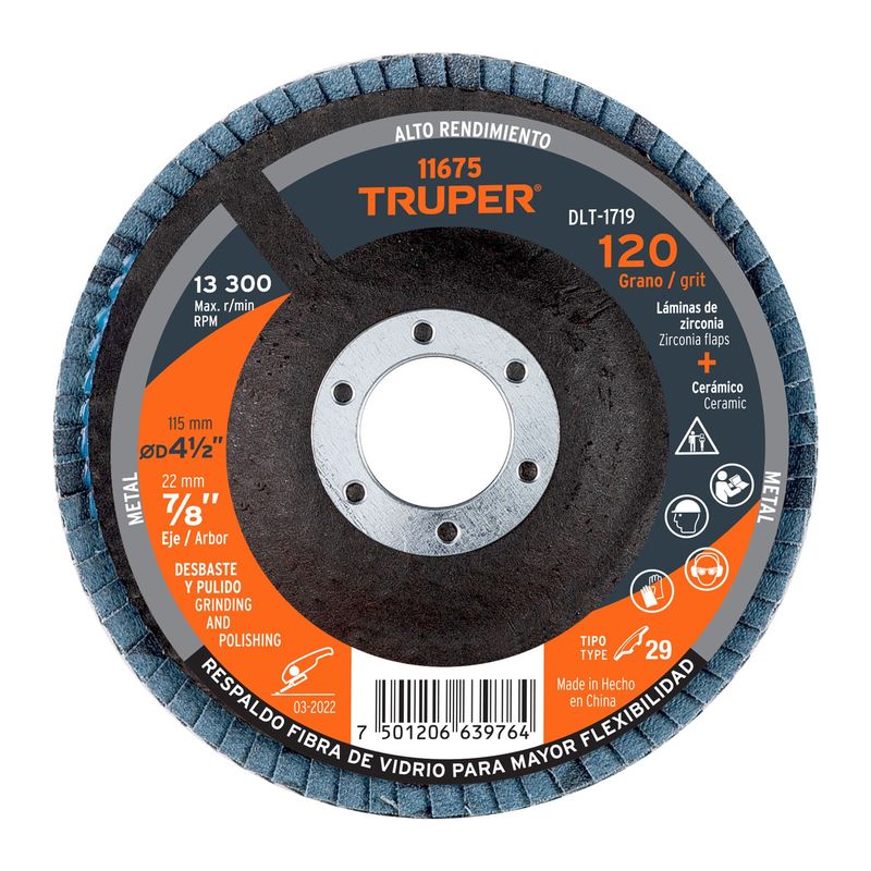 TRUPER - Disco 4 1/2" Grano 120 Polifan Flap Lija Alto Rendimiento 11675 Truper