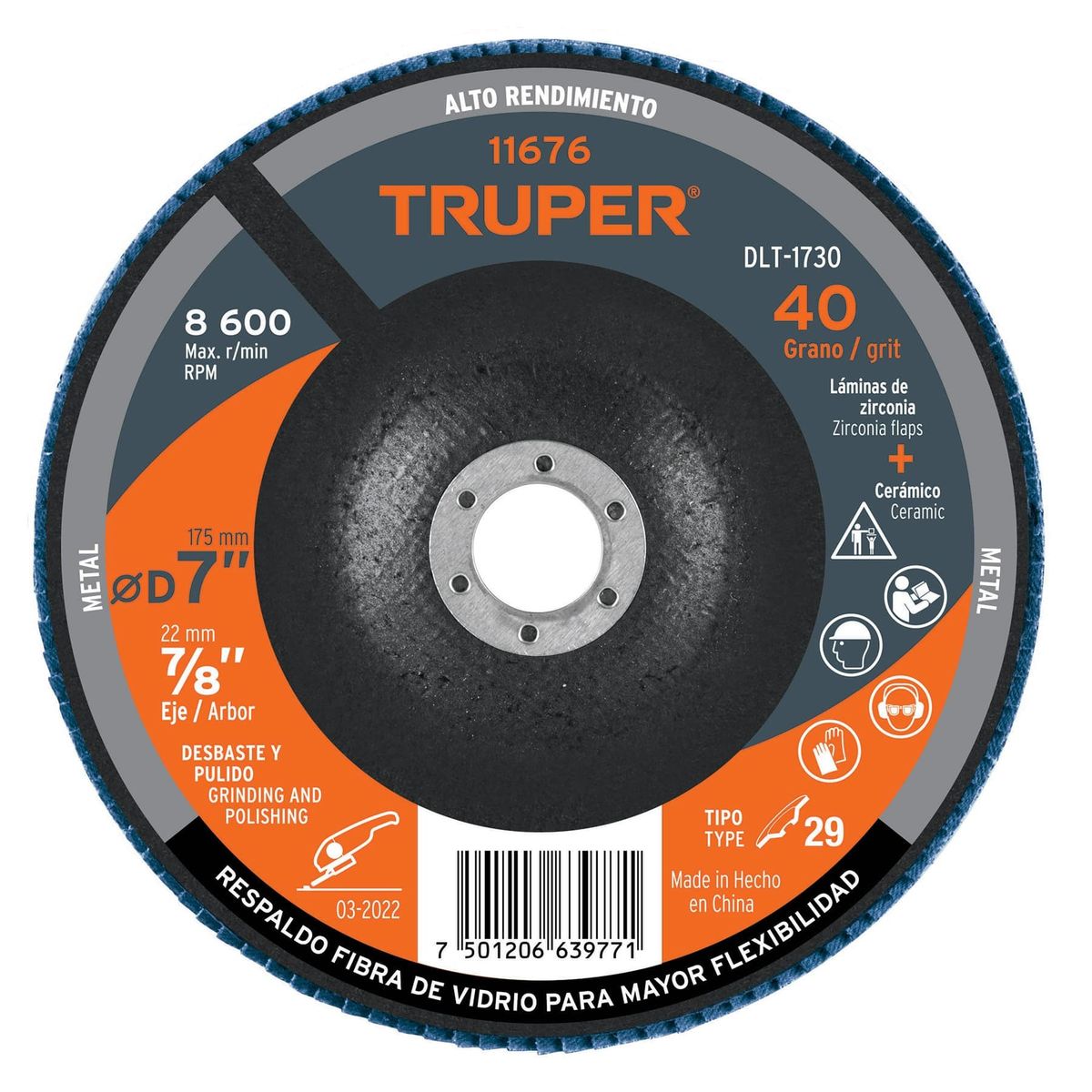 TRUPER - Disco 7" Grano 40 Polifan Flap Lija Alto Rendimiento 11676 Truper