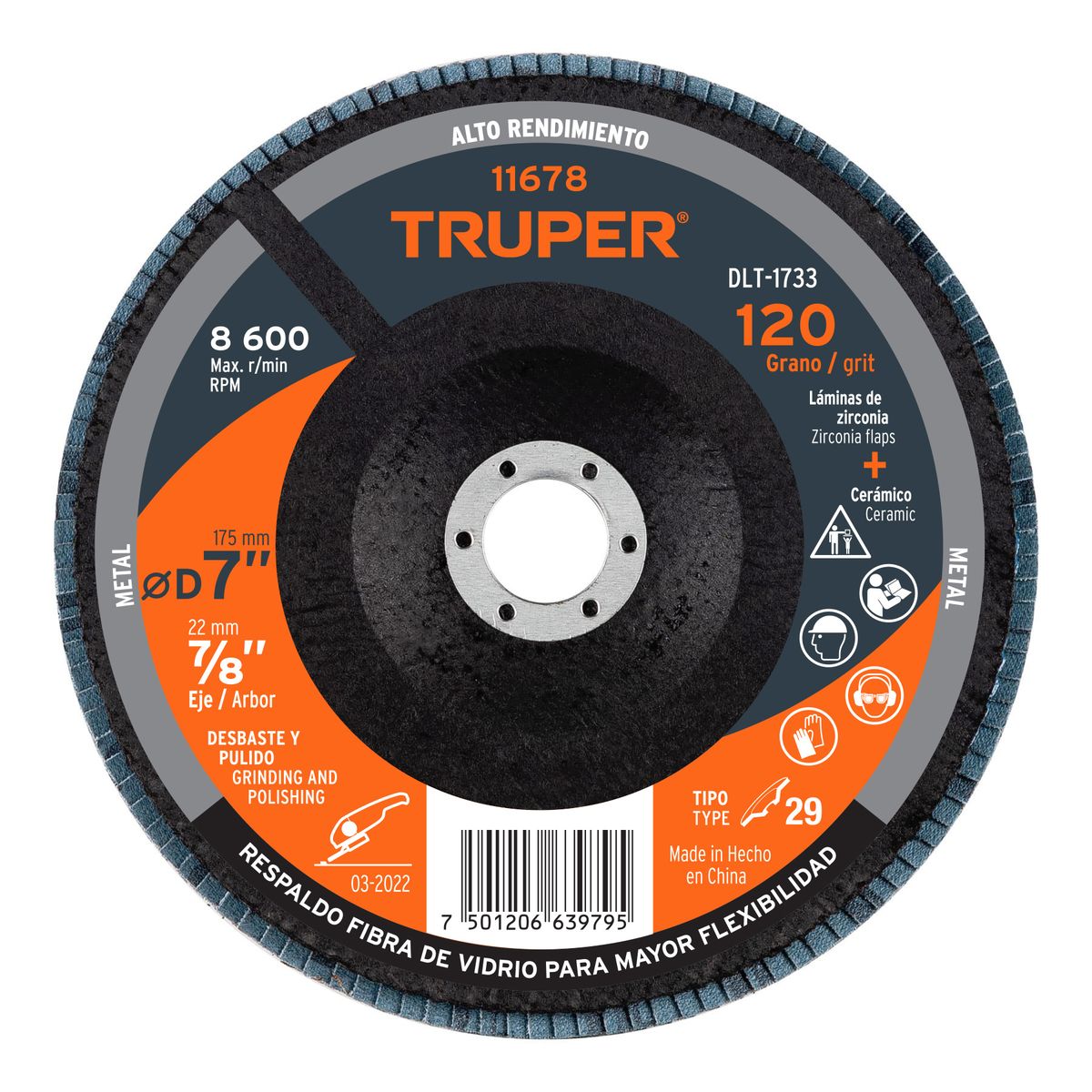 TRUPER - Disco 7" Grano 120 Polifan Flap Lija Alto Rendimiento 11678 Truper