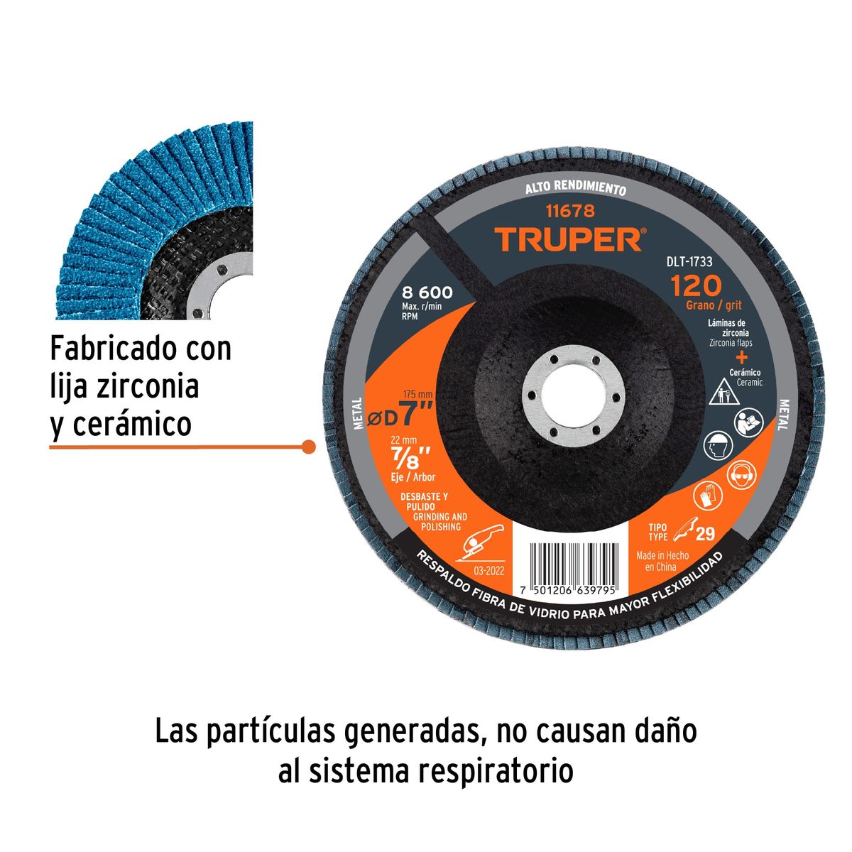 TRUPER - Disco 7" Grano 120 Polifan Flap Lija Alto Rendimiento 11678 Truper